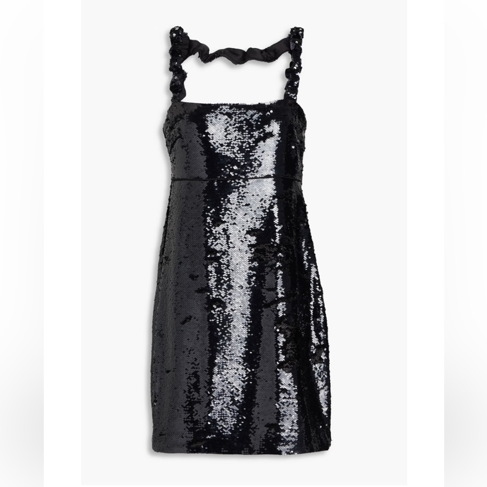 Ganni Black Sequin Mini Dress with Ruffled Straps